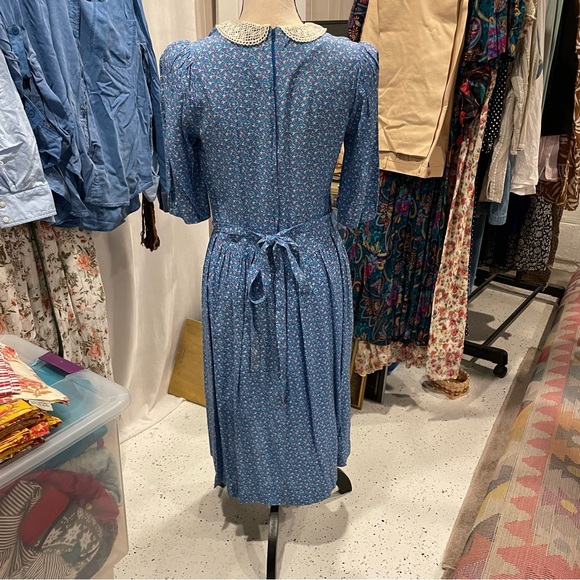 Vintage blue floral retro 60’s-70’s dress lace pockets midi milkmaid prairie - Picture 12 of 15